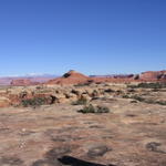 La Sal mountains in the distance behind some slickrock